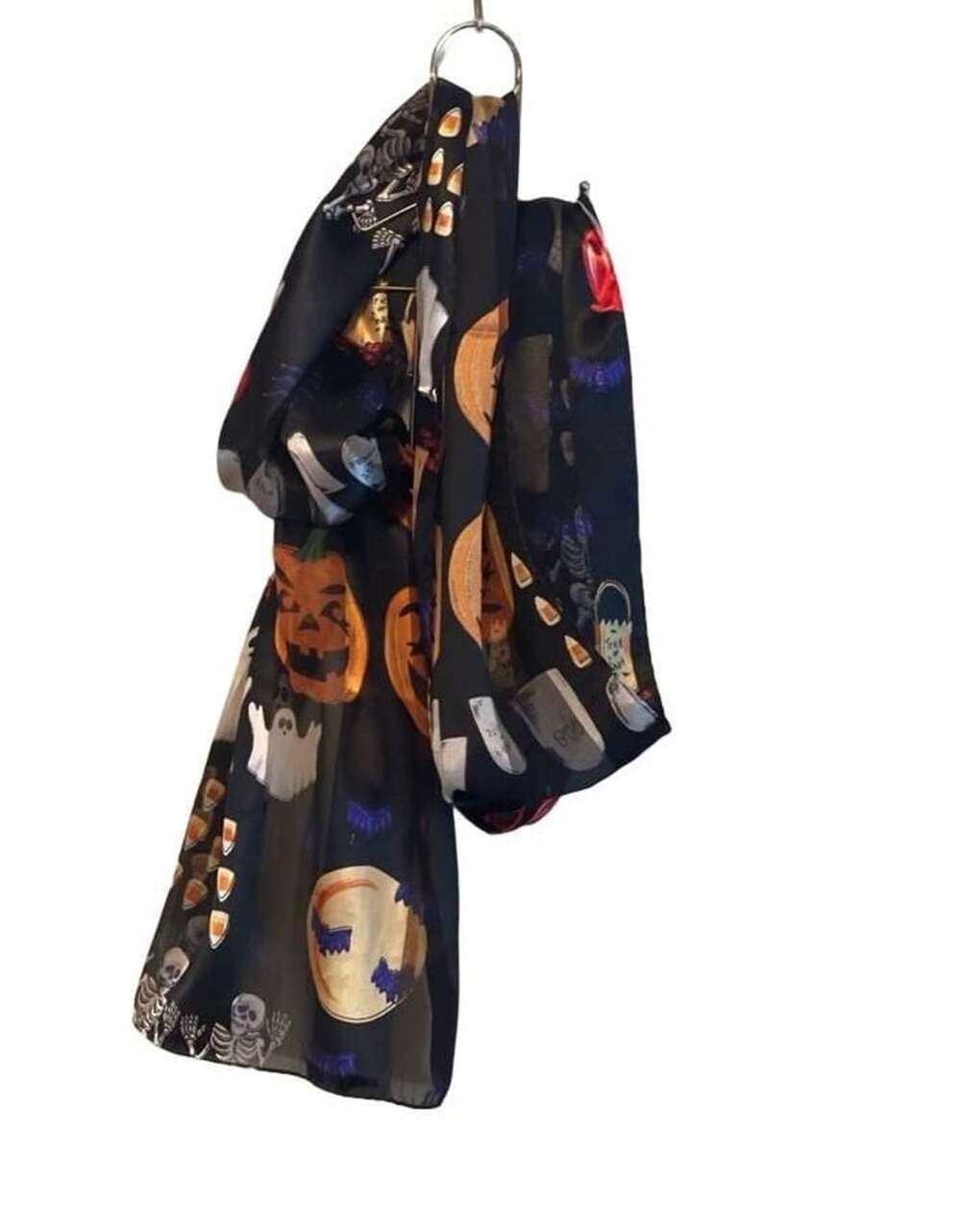 VTG Halloween Scarf Whimsical Pumpkins Ghosts Skeletons Sheer TeacherCore